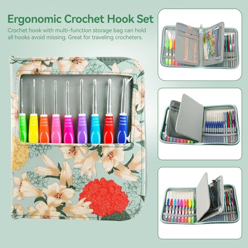 Image of Dasonwin 60-Piece Ergonomic Crochet Hooks Set with Travel Case - Aluminum Crochet Needles Kit for Beginners & Experts, Arthritis-Friendly Design,Includes Stitch Markers & Accessories(Green)
