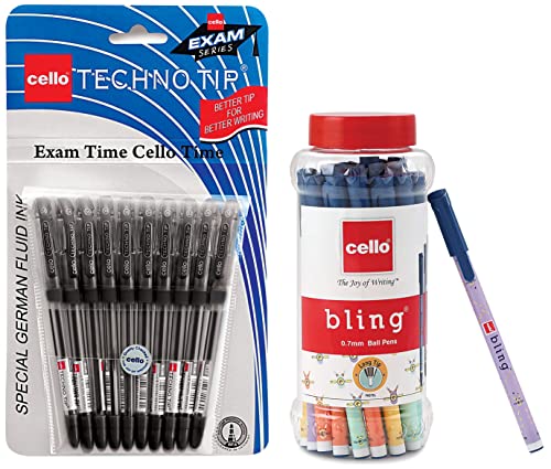 Image of Cello Bling Pastel Ball Pen | Blue Ball Pen | Jar of 25 Units Technotip Ball Pen Set (Pack of 10 pens - Black)
