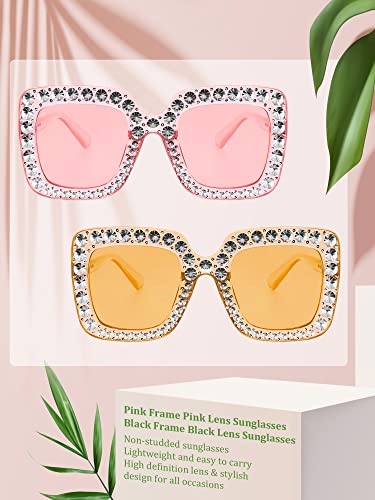 Frienda 2 Pieces Oversize Square Sparkling Sunglasses Retro Thick Frame Sunglasses for Women3