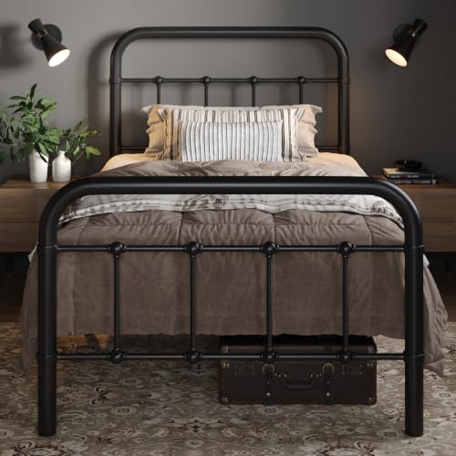 Image of Allewie Twin Size Metal Platform Bed Frame with Victorian Style Wrought Iron-Art Headboard /Footboard, No Box Spring Required, Black