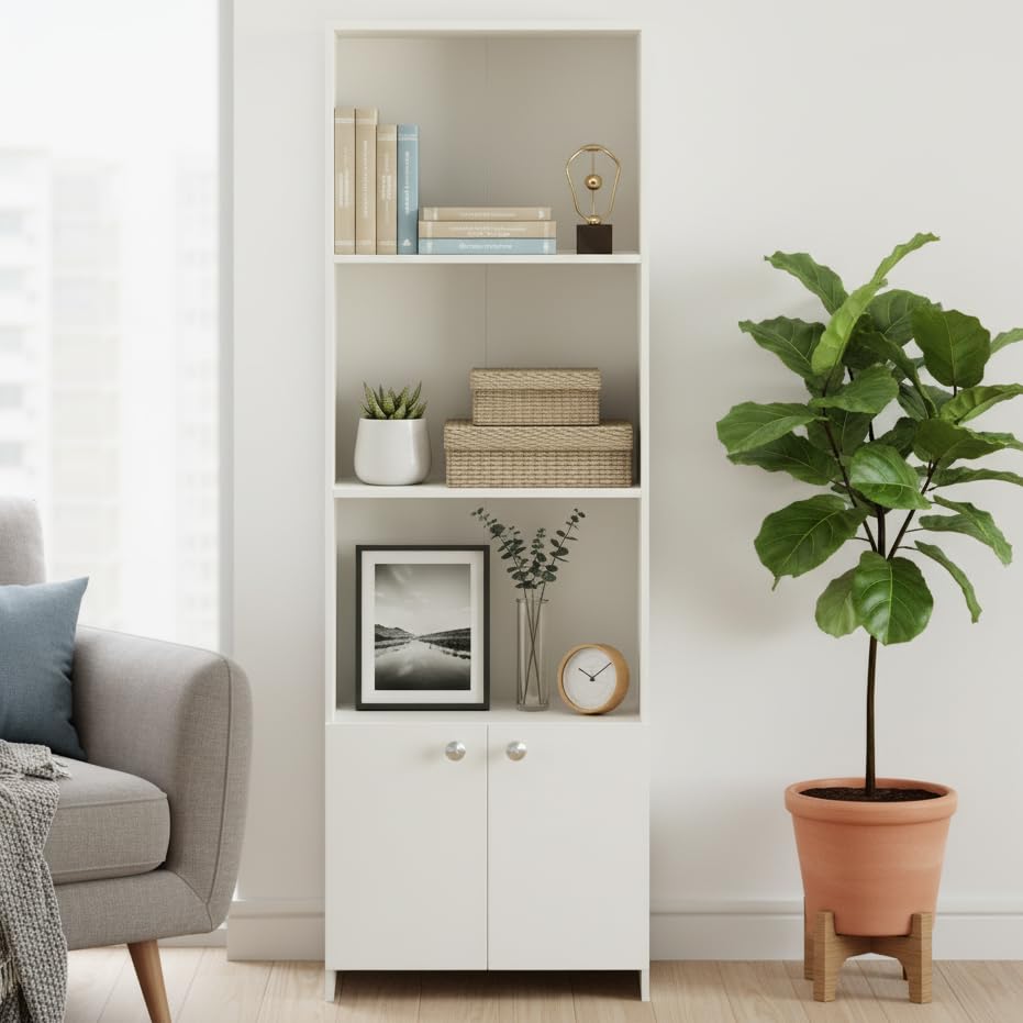 Image of FURNEASER Regal Tall Wooden Bookshelf with 2-Door Cabinet & 3 Open Shelves | Modern Multipurpose Bookcase for Living Room, Bedroom & Office | Engineered Wood, 161 x 50 x 30 cm (White)