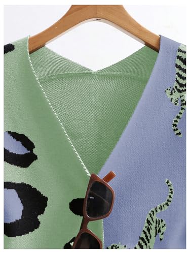 Image of WDIRARA Women's Leopard Tiger Print Cardigan V Neck Long Sleeve Color Block Button Down Sweater Outwear