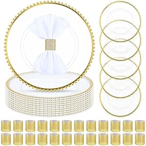 Uiifan 50 Set (100 Pcs) Clear Gold Charger Plates and Napkin Rings Set Including 13 Inch Plastic Beaded Rim Charger Plates Napkin Rings for Wedding Party Dinner Table Events Decoration