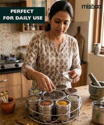 Image of Mishaa Steel Multipurpose Storage Containers - Perfect Organizer for Masala Spices, Herbs, Mouth Freshner, Dry Fruits, 130ml Each Airtight Containers with See-Through Lid (12IN1 WIRESTAND)