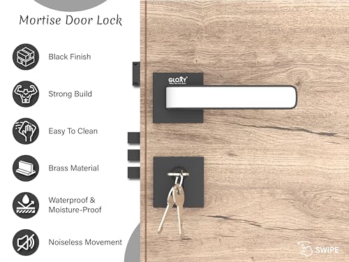 Image of GLOXY Door Lock for Home - Mortise Door Lock Set with Lock Body, Cylinder & 3 Brass Keys | Door Handle Lock for Office and Hotel | Black & White Finish (2-Year Warranty, Pack of 1)