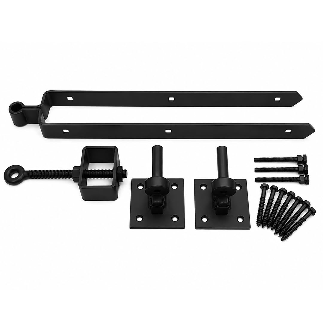 SCORPIO HARDWARE Field Gate Adjustable Hinges Set Heavy Duty with Hooks on Plates 12", 18", 24" (Black, 12")