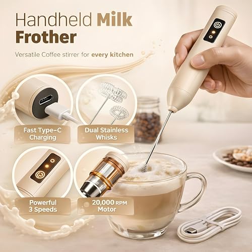 Image of Coffee Frother - Electric Rechargeable Coffee Maker Machine for Home Electric Coffee Frother & Milk Whisker | 1 Year Warranty | Free Recipe Book (Frother) (Ivory Beige)