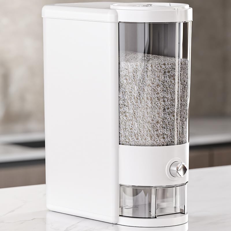 Reisbehälter mit Messbecher, verbesserte integrierte Frischebox, Müsli-Spender, Aufbewahrung mit Deckel, für Zuhause, Küche, Speisekammer, Reis, Sojabohnen, Mais und große Körner, Weiß, 11,3
