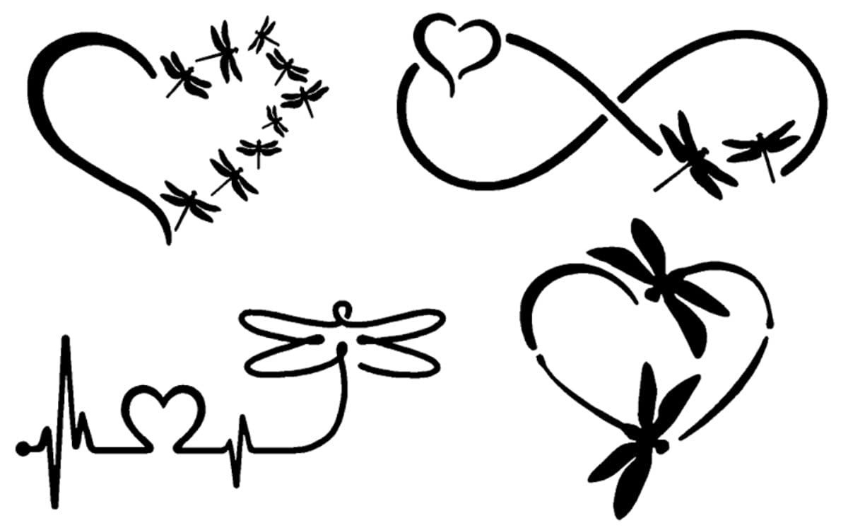 Dragonfly Decals 4 Pack: Dragonfly Hearts, Dragonfly Heartbeat, Infinity Dragonflies (Black, Small ~3.5")