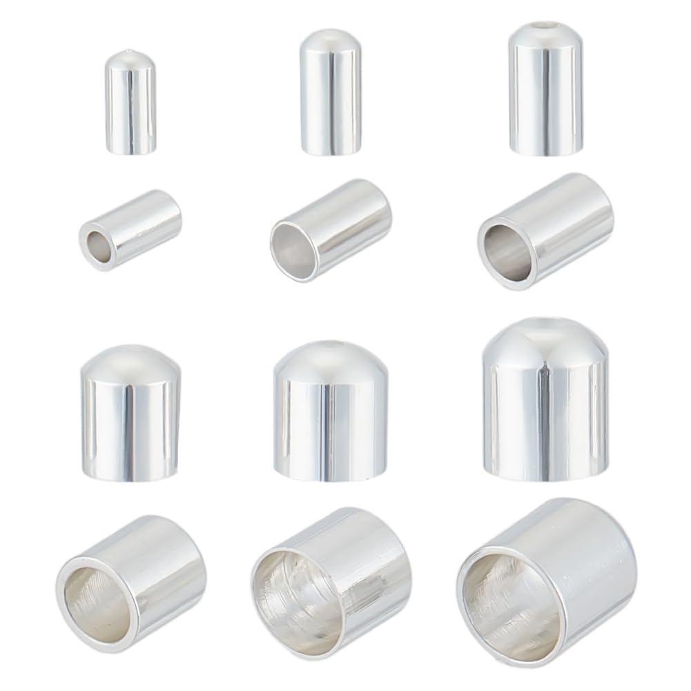 CRAFTYMELODY 84Pcs Cord End Cap 6 Style End Cap 925 Sterling Silver Brass Tube Crimp Bead Small Barrel End Tip Terminators Bead Cap for Jewelry Making Bracelets Necklace DIY Craft Leather Cord Finding