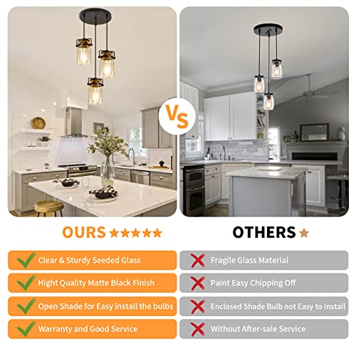 Foucasal Industrial Glass Pendant Light, 3 Light Hanging Pendant Lighting Fixture With Seeded Glass Shade, Adjustable Cord Farmhouse Ceiling Light For Kitchen Island Dining Room Bedroom Living Room #TOP2