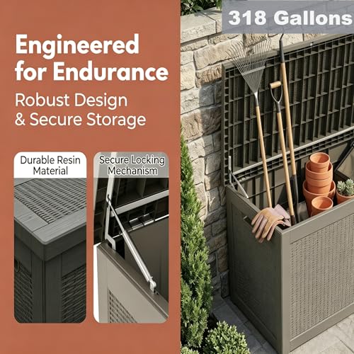 Image of 318 Gallon Large Resin Deck Box - Waterproof Outdoor Storage Chest for Patio Cushions, Garden Tools & Pool Supplies, UV-Resistant All-Weather Construction, Lockable Lid & Hydraulic Rods, Easy Assembly