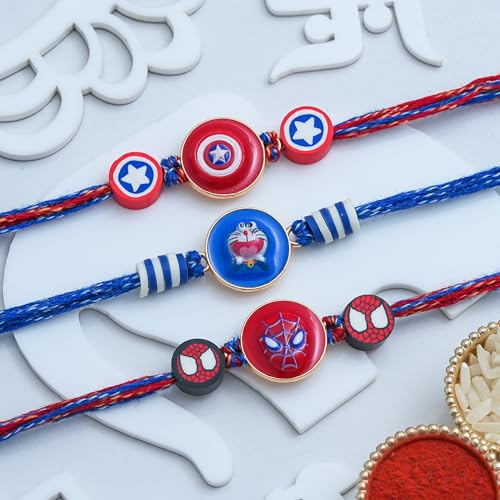 Image of eCraftIndia Kids Rakhi Set of 3 | Cartoon Rakhi for Kids Brother Bhaiya Bhai with Best Bro Ever Fridge Magnet | Roli Chawal Pack