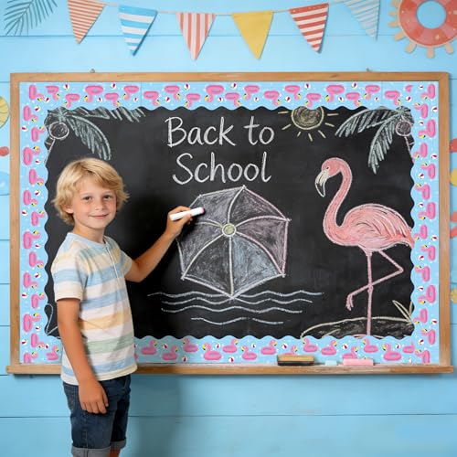 Image of BeYumi Summer Flamingo Border Trim - 65ft Back to School Pool Rolled Border | Tropical Flamingo Beach Swimming Pool Bulletin Board Set School Classroom Office Chalkboard Home Party Holiday Decoration