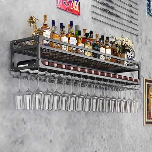 Casier à vin mural et range-bouteille suspendu en métal noir pour aménagement de bar intérieur