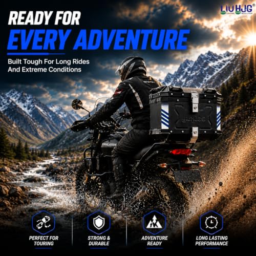 Image of LIU HJG Motorcycle Aluminum Top Case 45L Lockable Rear Luggage Storage Box with Universal Mounting Plate, Waterproof Adventure Touring Top Box, Black