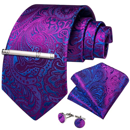 Image of DiBanGu Silk Floral Ties for Men Woven Paisley Necktie and Tie Clip Handkerchief Cufflinks Set for Party Wedding