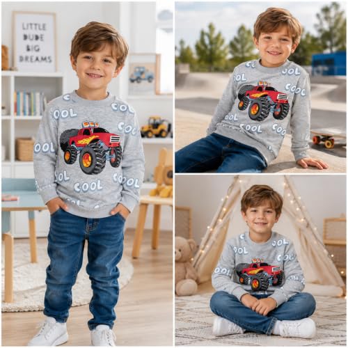 Image of Akyzic Toddler Boys Sweatshirts Cotton Crewneck Truck Shirt Dinosaur Long Sleeve Pullover Tops Tees 2-8T