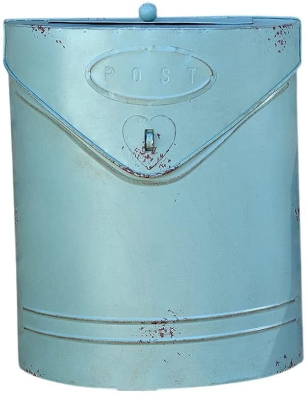 Buzón montado en la Pared de Hierro Blanco Azul Vintage en Forma de rectángulo de Bordes Redondeados cilíndricos con Carteles de Poste(Color:Blue)
