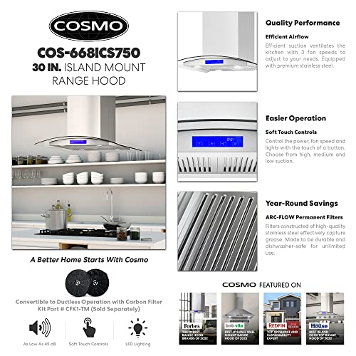 COSMO-668ICS750-30-in-Island-Mount-Range-Hood-with-380-CFM-Soft-Touch-Controls-Permanent-Filters-LED-Lights-Tempered-Glass-Visor-in-Stainless-Steel