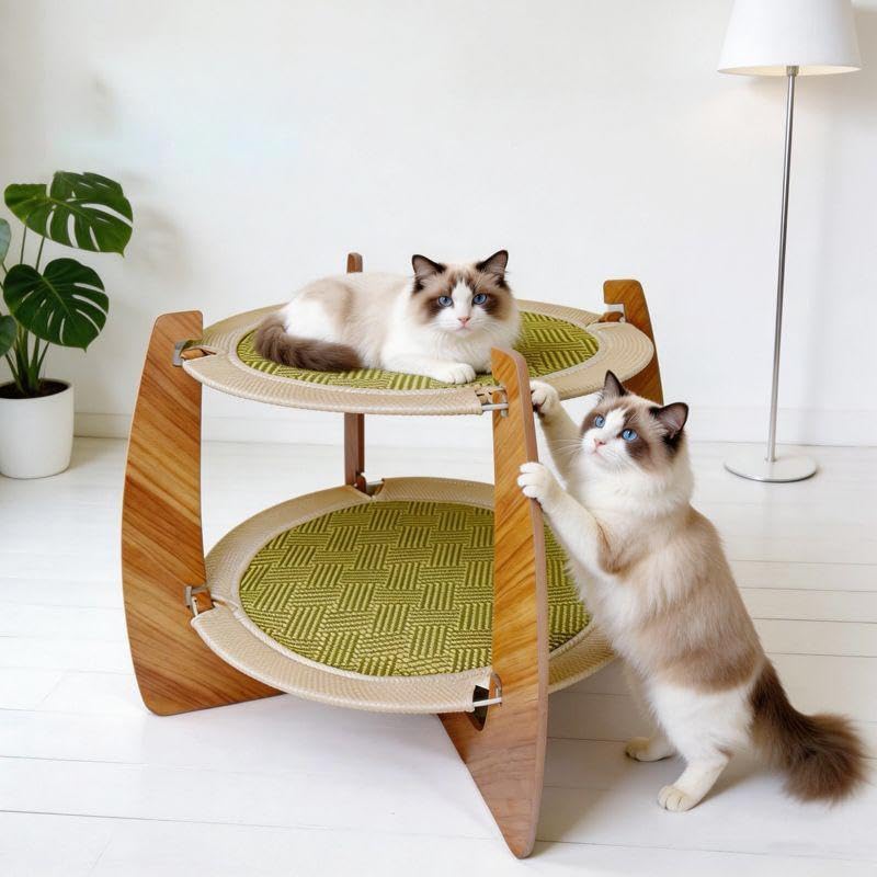Lit surélevé chat en rotin à 2 couches avec griffoir et matelas - 6