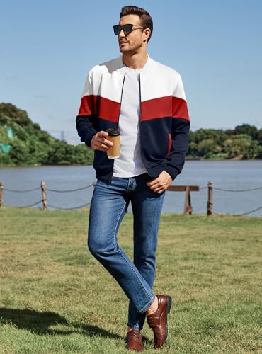 Image of Men's Lightweight Varsity Jacket Casual Bomber Jacket Stylish Color Block Coat