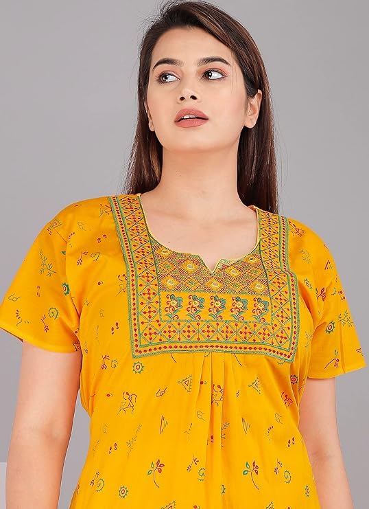 Image of Vlazom Women's Cotton Nighty - Jaipuri Rajasthani Printed Maxi Dress with Embroidery & Pockets