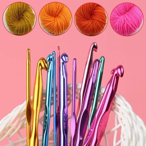 Image of Crochet Hook Set 12 Pcs Aluminum Knitting Needles | Color-Coded Crochet Hooks (2.0mm-8.0mm) | Smooth Metal Crochet Needles for Yarn Knitting, Amigurumi, Sewing & DIY Craft Supplies