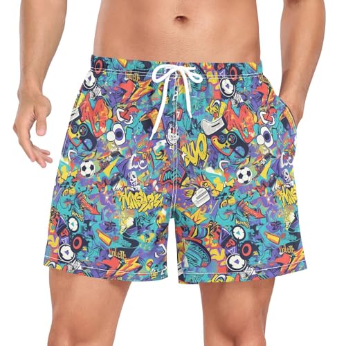 JUNZAN Men's Swim Shorts Blue Mens 2In1 Workout Shorts with Pockets and Compression Liner Gym ShortsCartoon Graffiti