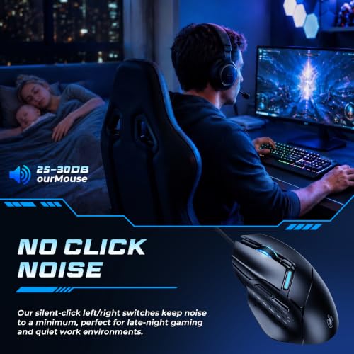 Image of Uineer Wired Gaming Mouse, 7200 DPI, 6 Programmable Buttons, RGB Lighting | 6 programmable buttons, adjustable 7200 DPI, RGB lighting and quiet clicks for work or gaming.
