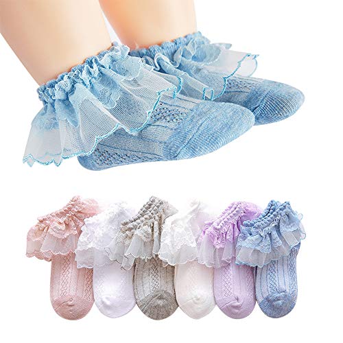 Juebm 6Pack Baby-Girls Toddlers Summer Ruffles Frilly Lace Socks,Princess Dress Socks Thin Mesh Newborn/Infant/Toddler/Little Girl(3-12m)