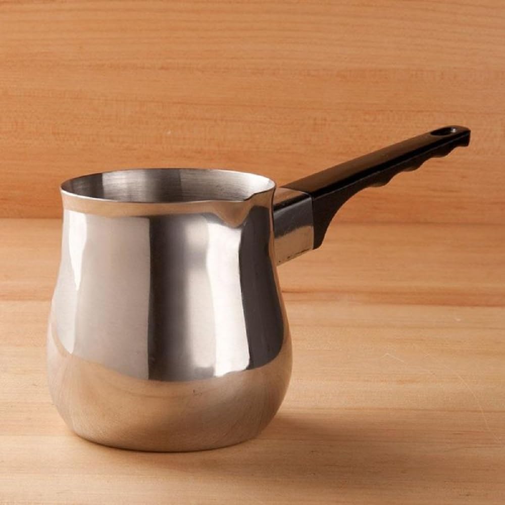 TrueCraftware- 12 oz Stainless Steel Turkish Coffee Decanter with Black Easy-Grip Handle Set of 2- Turkish Coffee Maker Chai Pot Arabic Coffee Pot Briki Greek Coffee Pot Greek Briki Cezve Ibrik