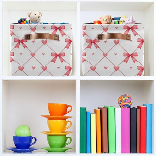 Image of Aslsiy Storage Basket Watercolor Pink Bows Hearts Nursery Bins Baby Canvas Box Clothes Shelf Basket Laundry Hamper 2 Pcs