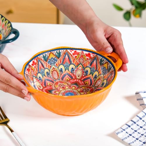 Image of Nestasia Mandala Ceramic Serving Bowl with Handles (1500 ml) - Microwave & Dishwasher Safe Snack Bowl | Ribbed Floral Bowl with Glossy Finish - Ideal for Soup, Curries, Salad & Noodles (Yellow)