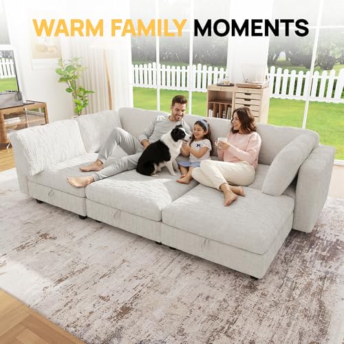 Image of 99 inch Modular Sectional Chenille Sofa bed with Hidden Storage, Comfy Modern 6 Seater Oversized Deep Seat Couch, Modular Sectional with Ottoman and Removable Cover for Living Room, Apartment, Beige