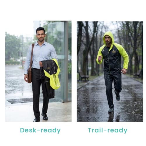 Image of Roughhouse Raincoat for Men & Women Heavy Duty Waterproof Rain Suit with Jacket & Pant for Bike Riding | Hooded High-Visibility Unisex Raincoat | Foldable Monsoon Rain Coat - Charcoal & Neon, Size XXL