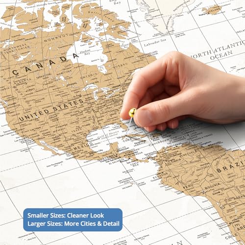 Image of IPIC - Custom Vintage World Map Canvas Wall Art, Personalized Artwork with Names and Message on, Framed Large Travel Map for Home, Office, or Study, Push Pin Wall Decor for Travel Lovers