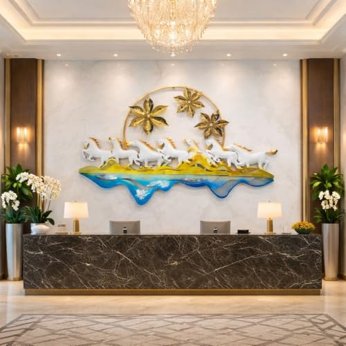 Image of Framing Hub - Metal Wall Decorative Multicolor Seven Running Horses with Floral Design Wall Hanging Decor for Vastu Living Room (Size 50x31 Inch)