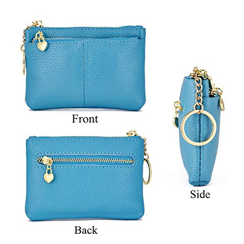 Zooeass Coin Purse Women Genuine Leather Zip Mini Purse With Key Ring Triple Zipper Card Holder Wallet (Mint Blue) #TOP2