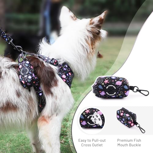 QQPETS Dog Harness Collar Leash with Poop Bag Holder 4 PCS Set, Adjustable No Pull Soft Mesh Padded Vest for Small Medium Large Pet Puppy Outdoor Walking (Floral Black, L (Chest 22.4”-32.6”))