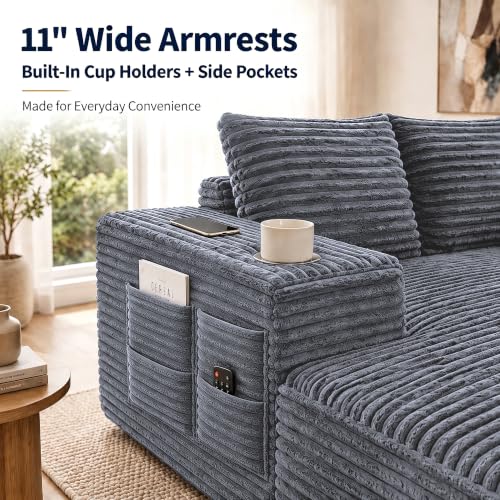 Image of 122 inch Oversized Cloud Sectional Couch for Living Room, 7 Seater U Shaped Sofa Modular Boneless Couch with Chaise | Deep Seater | Cup Holder | Side Pocket | No Assembly | Plus Corduroy, Light Gray