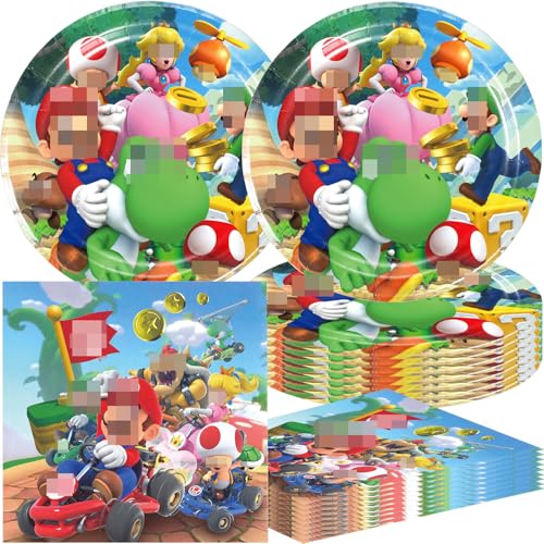 40pcs Super Brothers Party Supplies include 20 plates, 20 napkins for M-Brother birthday party decoration