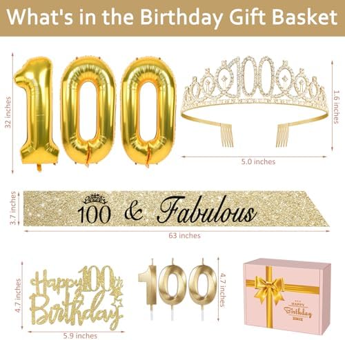 100th Birthday Decorations Gold, Including 100th Birthday Sash and Crwon, Cake Topper and Candles, Number Balloons Gold, Gifts for 100 Year Old Woman - 5