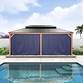 PURPLE LEAF 12' X 20' Outdoor Hardtop Gazebo for Patio Galvanized Steel Double Roof Permanent Canopy Teak Finish Coated Aluminum Frame Pavilion Gazebo with Netting and Navy Blue Curtains