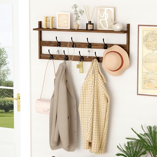 Image of AMBIRD Coat Rack Wall Mount with Shelf, 29 inch Coat Hooks Wall Mounted with 9 Metal Hooks for Entryway, Bathroom, Bedroom, Living Room, Kitchen, 2 Tier Wall Hooks for Clothes, Hat, Towel, Key, Purse