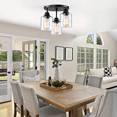 Sinmila 3-Lights Industrial Semi Flush Mount Ceiling Light, Vintage Light Fixture With Clear Seeded Glass Shade #TOP6