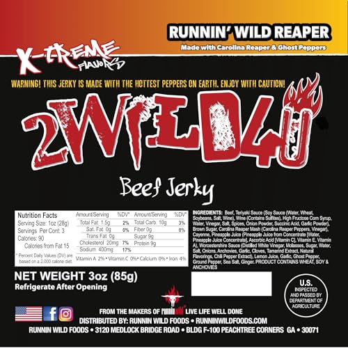 Image of Carolina Reaper Beef Jerky - Premium Brisket Cuts | Extreme Heat | 27g of Protein Per Bag | Small Batch, Real Carolina Reaper & Ghost Pepper Infused | 2WILD4U: Eat If You Dare - 6 ounces total (Pack of 2 bags, 3 ounces each)