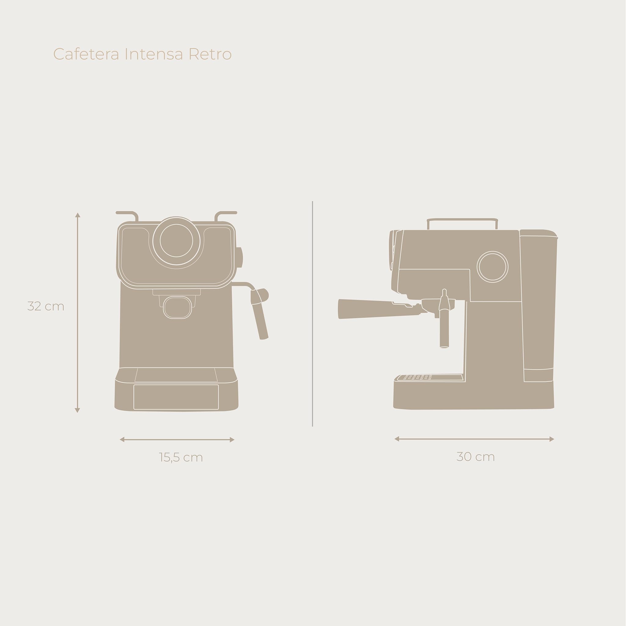 EVVO Cafetière expresso intense rétro beige - Cafetière expresso, 15 bars, 950 W, acier inoxydable, bras double, thermoblock, préchauffage rapide, 1,5 l, vaporisateur, porte-filtres