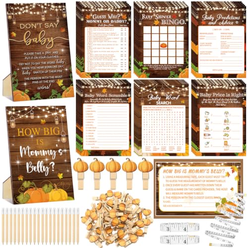 Funnymoom 426 Pcs Fall Pumpkin Baby Shower Games Set-8 Games Includes Baby Shower Bingo Price is Right Guess Word Scramble Prediction and Advice How Big is Mommys Belly Dont Say the Words