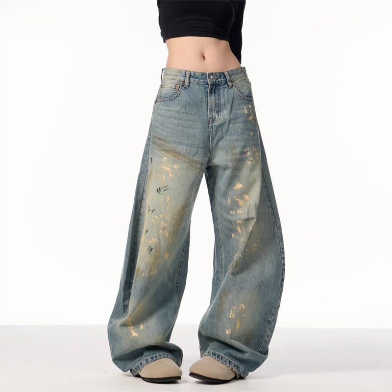 Neutral Retro Curved Jeans - Spring New, Splashed Ink, Worn Out, Straight Tube, Loose fit4